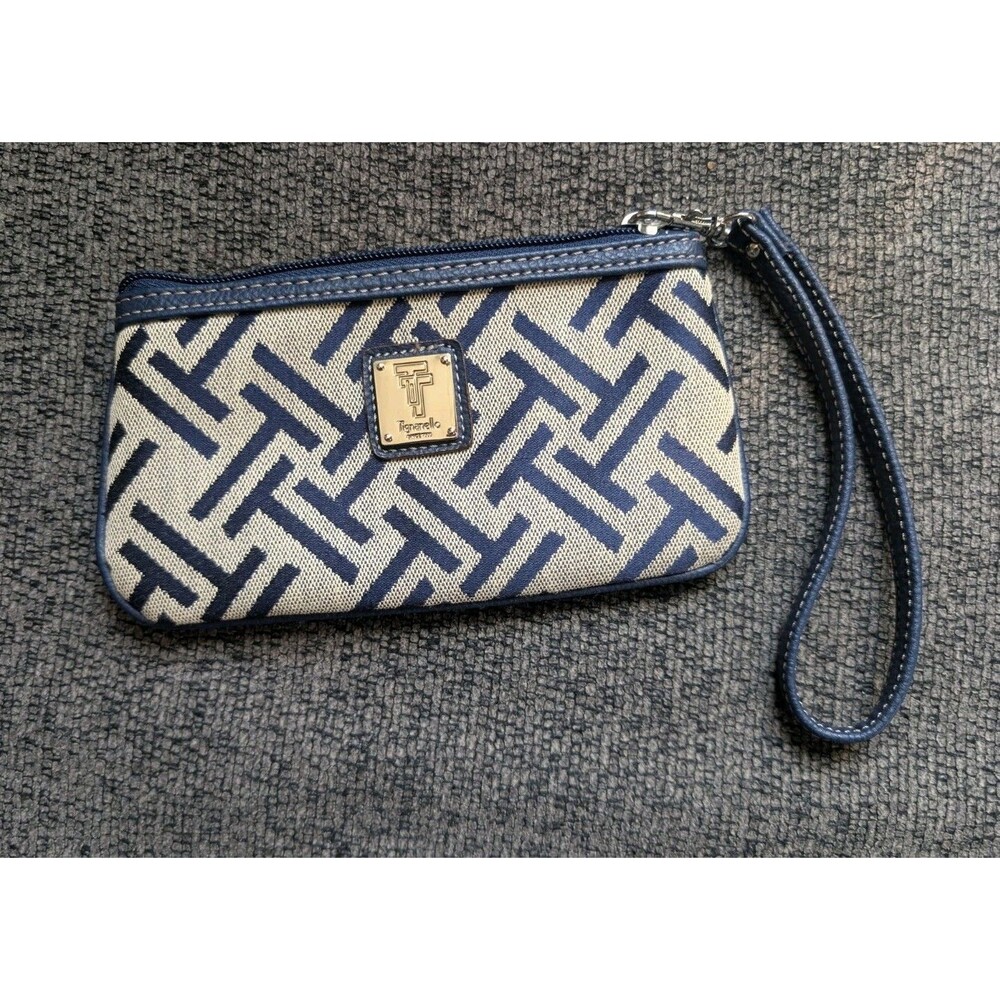 TIGNANELLO Wristlet Wallet Geometric Pattern Linen Leather Trim Navy & Brown